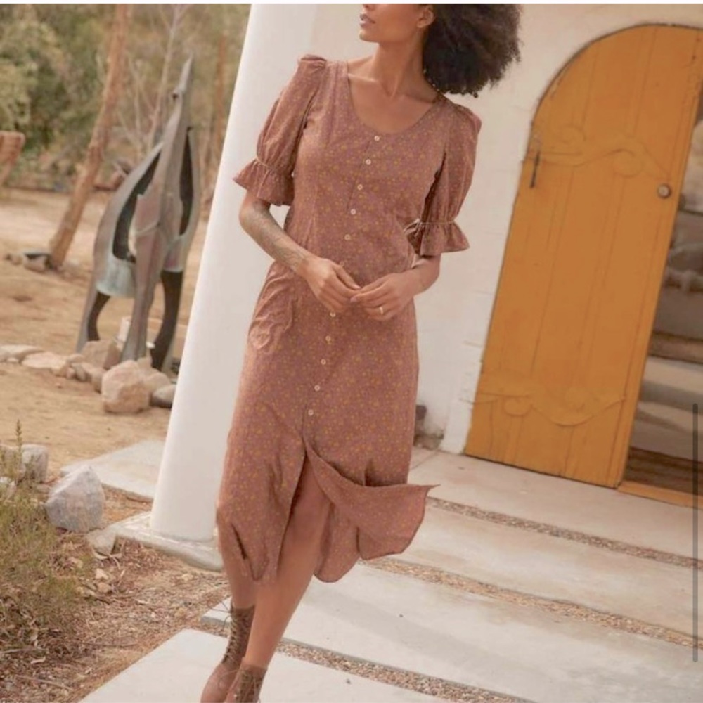 Christy Dawn Pink Ruffled Buttoned Midi Dress